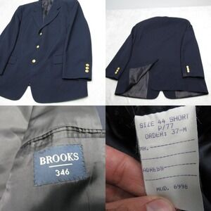 Brooks 346 Wool Blazer Mens 44S Navy Gold Button Classic Sport Coat 3‎ Button